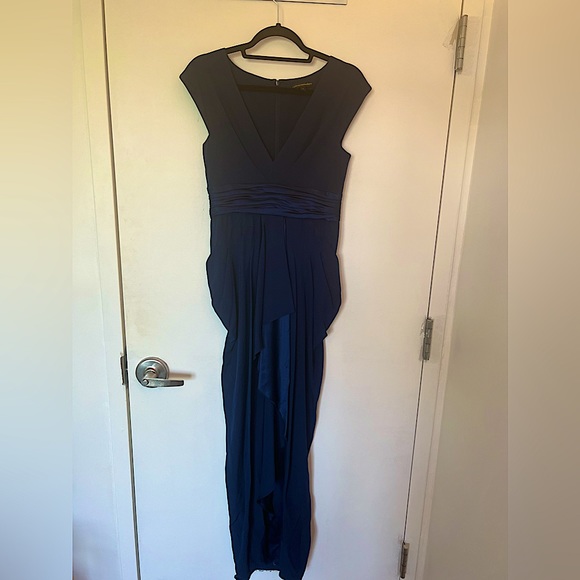 Catherine maladrino black tie dark blue gown with silk ruffle front w slit - Picture 2 of 5